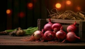 rood vers uien Aan houten tafel. generatief ai foto