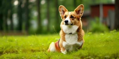 welsh corgi hond Aan gras achtergrond. portret van schattig hond in de park. generatief ai foto