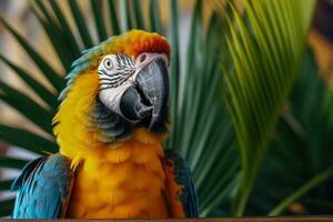 tropisch papegaai met klatergoud onder palm boom achtergrond met leeg ruimte voor tekst foto