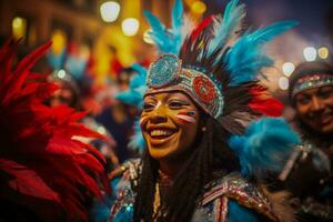 traditioneel gekleed lokale bevolking genieten van levendig straat carnaval Aan nieuw jaren vooravond foto