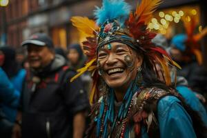 traditioneel gekleed lokale bevolking genieten van levendig straat carnaval Aan nieuw jaren vooravond foto