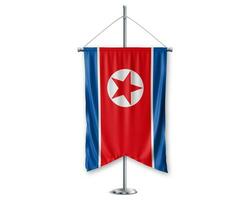 noorden Korea omhoog wimpels 3d vlaggen Aan pool staan ondersteuning voetstuk realistisch reeks en wit achtergrond. - beeld foto