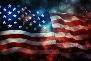 Amerikaans vlag grunge achtergrond. Amerikaans vlag met grunge textuur, feestelijk vuurwerk Aan de achtergrond van Amerikaans vlag Bij ons onafhankelijkheid dag, ai gegenereerd foto