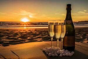 twee bril van Champagne en een fles Aan de strand Bij zonsondergang, Champagne fles en twee bril Aan zand, in zonsondergang, ai gegenereerd foto