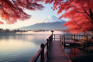 mt fuji en meer kawaguchiko in herfst, Japan, kleurrijk herfst seizoen en monteren fuji met ochtend- mist en rood bladeren Bij meer kawaguchiko, ai gegenereerd foto