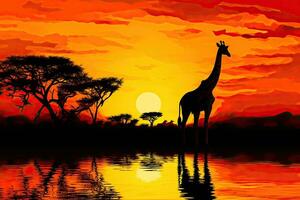 giraffe Bij zonsondergang in Afrika, vector illustratie, eps 10, giraffe silhouet - Afrikaanse dieren in het wild achtergrond - schoonheid in kleur en vrijheid, ai gegenereerd foto