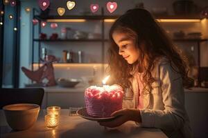 schattig weinig meisje Holding een verjaardag taart met kaarsen in de keuken, meisje maken hart gebaar en blazen kaars Aan taart Bij huis, ai gegenereerd foto