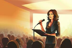 illustratie van een vrouw sprekend in een microfoon in een concert hal, zelfverzekerd zakenvrouw leveren een zakelijke presentatie Bij een congres of conferentie, ai gegenereerd foto