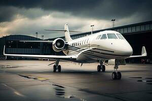 modern privaat Jet Aan de asfalt van de luchthaven in bewolkt het weer, detailopname van een bedrijf Jet geparkeerd buiten, ai gegenereerd foto