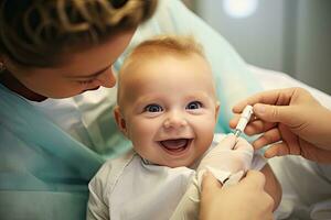 weinig baby jongen Bij de tandarts kantoor. tandheelkunde concept, detailopname van baby jongen hebben een medisch controle, ai gegenereerd foto