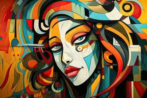 abstract kleurrijk illustratie van de gezicht van een mooi vrouw Aan een kleurrijk achtergrond, kleurrijk illustratie van kubisme stijl, hand- getrokken artistiek, ai gegenereerd foto