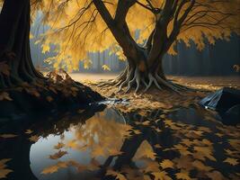 natuur schoonheid in november levendig herfst bomen in een sereen bos, ai gegenereerd foto