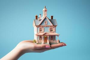 een vrouw Holding een klein model- huis in haar handen. echt landgoed en verzekering concept. generatief ai foto