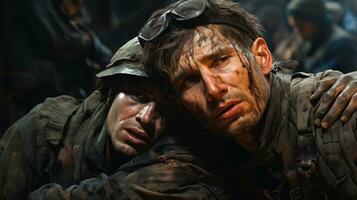 een soldaten overleving een slagveld foto van een jong gewond soldaten in oorlog ai gegenereerd