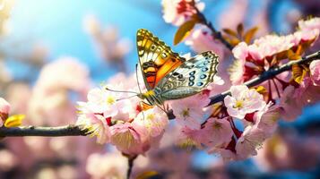 vlinder en bloesems sereen buitenshuis en bloemen kalmte ai gegenereerd foto