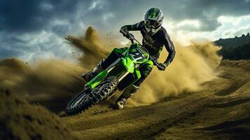 adrenaline stormloop een spannend motorcross met een te hard rijden rijder en een spoor van stof ai gegenereerd foto