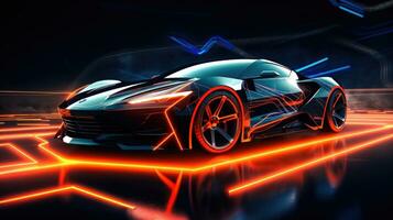 futuristische sport- auto met neon lichten Aan een neon lit bijhouden een concept auto kunst en behang ai gegenereerd foto