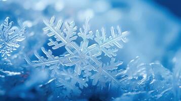 winter wonderland detailopname visie van een sneeuwvlok Aan een ijzig oppervlakte ai gegenereerd foto