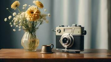 wijnoogst fotografie uitrusting antiek camera en heet drank Aan bloemen arrangement ai gegenereerd foto