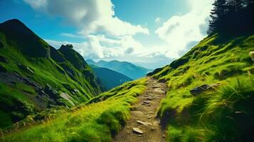 adembenemend keer bekeken van groen bergen van verhoogd wandelen spoor ai gegenereerd foto