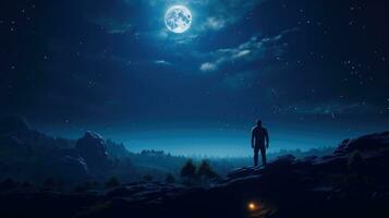 een 's nachts kalmte van een Mens en een vol maan in een donker blauw ruimte ai gegenereerd foto