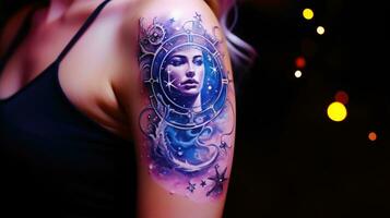 een tatoeëren mockup van een donker en minimalistische ontwerp Aan een dames schouder ai gegenereerd foto