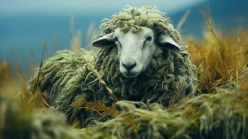 sjaal verpakt schapen schaapachtig elegantie in de met gras begroeid veld- ai gegenereerd foto