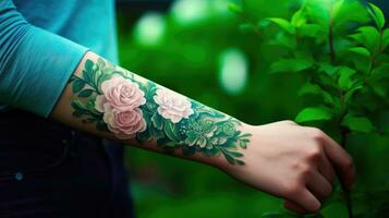 expressief lichaam kunst een bloemen tatoeëren ontwerp Aan een onderarm ai gegenereerd foto