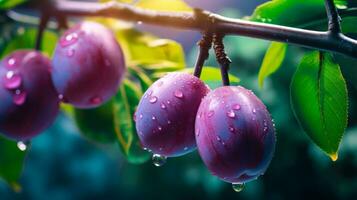 heerlijk pruimen gedekt in water druppels een van hoge kwaliteit fruit fotografie ai gegenereerd foto