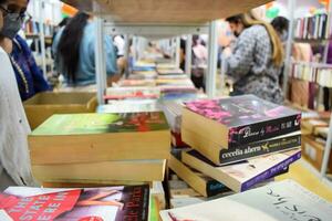 nieuw Delhi, Indië, september 09 2023 - verscheidenheid van boeken Aan plank binnen een boekenstalletje Bij Delhi Internationale boek eerlijk, selectie van boeken Aan Scherm in jaar- boek eerlijk. foto