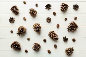 pijnboom kegels Aan gekleurde tafel. natuurlijk vakantie achtergrond met dennenappels gegroepeerd samen. vlak leggen. winter concept foto