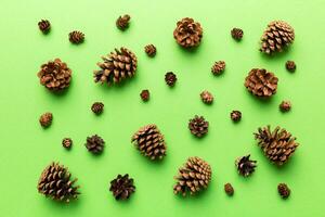 pijnboom kegels Aan gekleurde tafel. natuurlijk vakantie achtergrond met dennenappels gegroepeerd samen. vlak leggen. winter concept foto