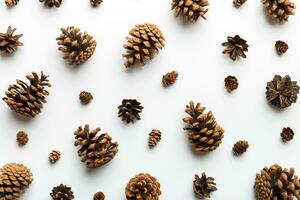 pijnboom kegels Aan gekleurde tafel. natuurlijk vakantie achtergrond met dennenappels gegroepeerd samen. vlak leggen. winter concept foto