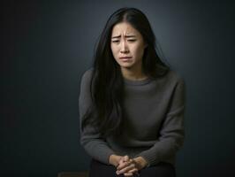 Aziatisch vrouw verschijnt naar worden in pijn Aan grijs achtergrond ai generatief foto