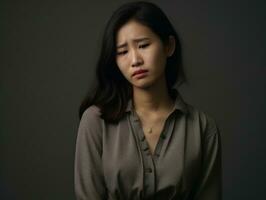 Aziatisch vrouw verschijnt naar worden in pijn Aan grijs achtergrond ai generatief foto
