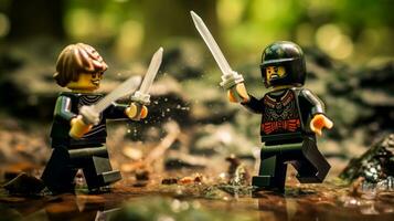 Lego krijgers vechten in een woest episch duel ai generatief foto