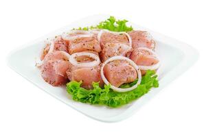 rauw varkensvlees vlees met uien en specerijen voor Koken kebab foto