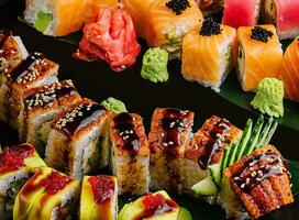 sushi reeks Aan de zwart bord foto