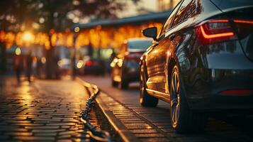 kant visie van een auto in een groot stad Bij zonsondergang foto