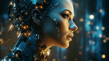 futuristische mooi vrouw robot cyborg met metaal implantaten Aan wazig achtergrond foto