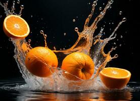 oranje fruit vallend in de water spatten ai generatief foto