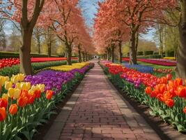 steeg tussen kleurrijk tulpen keukenhof park lisse in Holland generatief ai foto