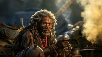 portret van een oud Afrikaanse Mens met dreadlocks roken een sigaar in de straat samburu. foto