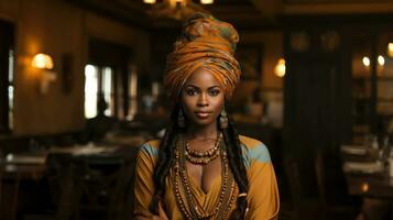 mooi Afrikaanse vrouw in tulband Bij Afrika restaurant in lagos nigeria. foto