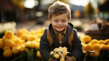 schattig weinig jongen met syndroom naar beneden houden een boeket van geel tulpen. foto