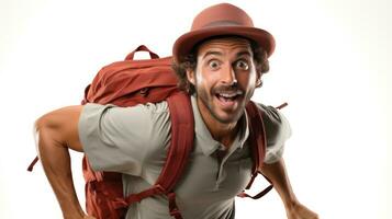 portret van een gelukkig toerist Mens met een rugzak en hoed geïsoleerd Aan wit achtergrond. foto