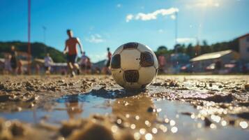 voetbal bal Aan de nat zand. foto