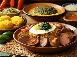 vlak leggen assortiment met heerlijk braziliaans voedsel generatief ai foto