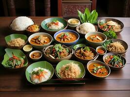 foto verscheidenheid authentiek Thais traditioneel maaltijd Aan tafel generatief ai