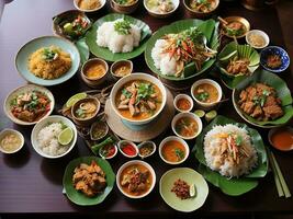 foto verscheidenheid authentiek Thais traditioneel maaltijd Aan tafel generatief ai